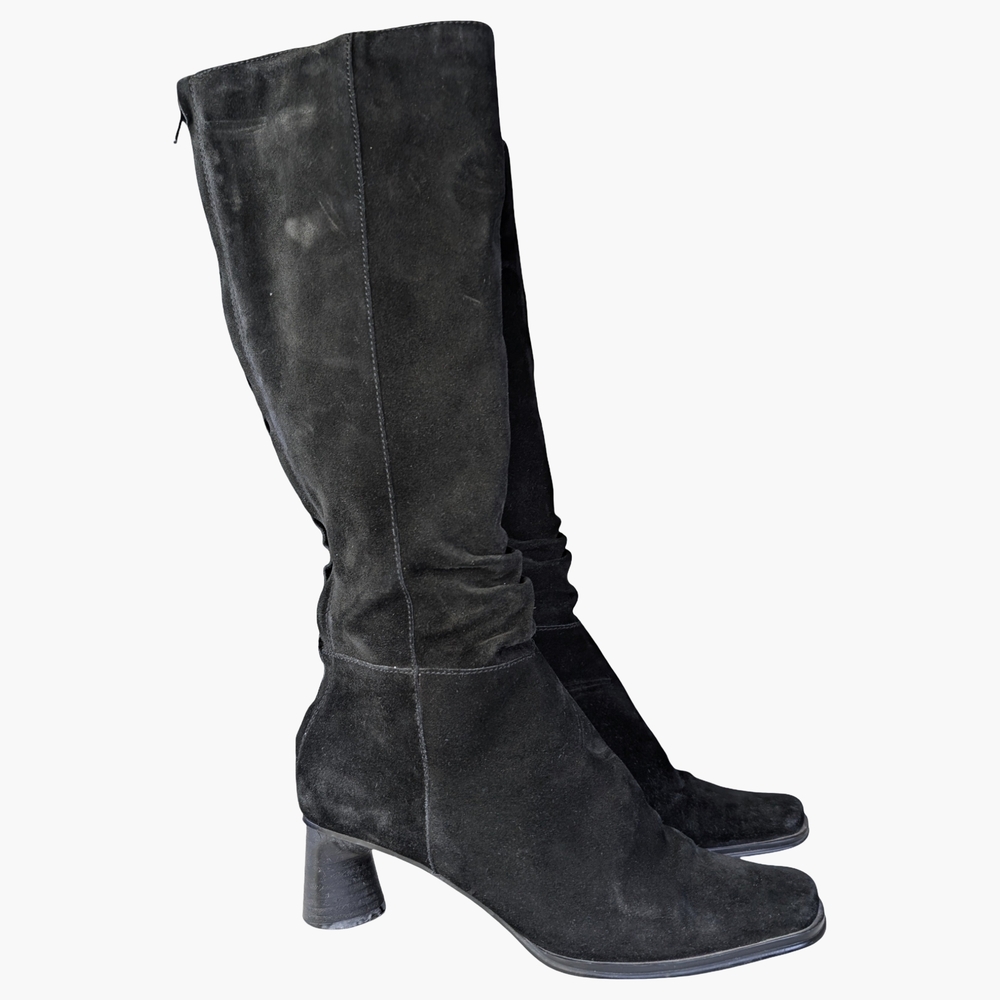 Vintage 90s/Y2K Ann Marino Black Suede Heeled Boots With Sculptural Heel | 7.5